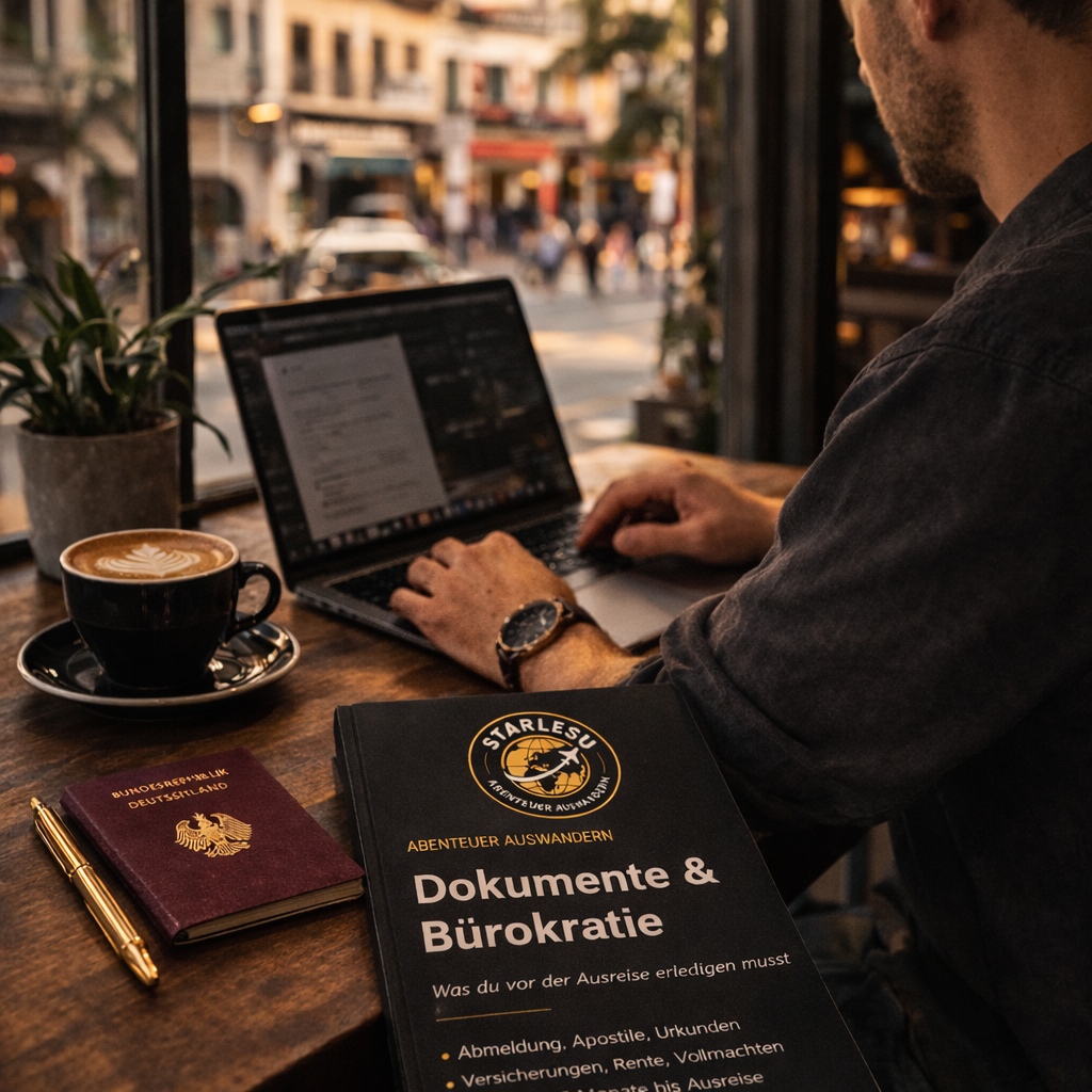 Auswanderer beim Vorbereiten der Dokumente